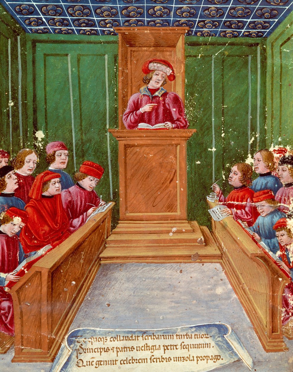 Humanismo:”” Ensino de direito notarial na Universidade de Bolonha”” Miniatura de um manuscrito do século XV Museo Civico, Bolonha de Italian School