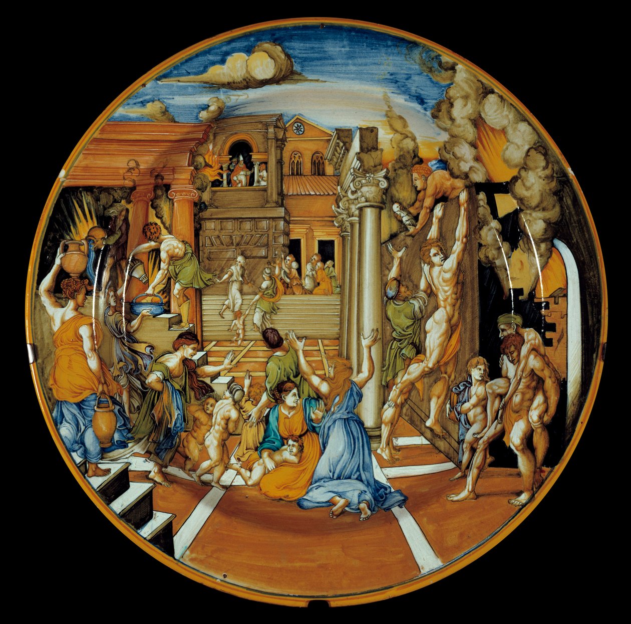 Ilíada de Homere: prato de faiança representando o fogo de Tróia. realizado em Faenza. 1525-1530. Paris, Museu do Louvre de Italian School