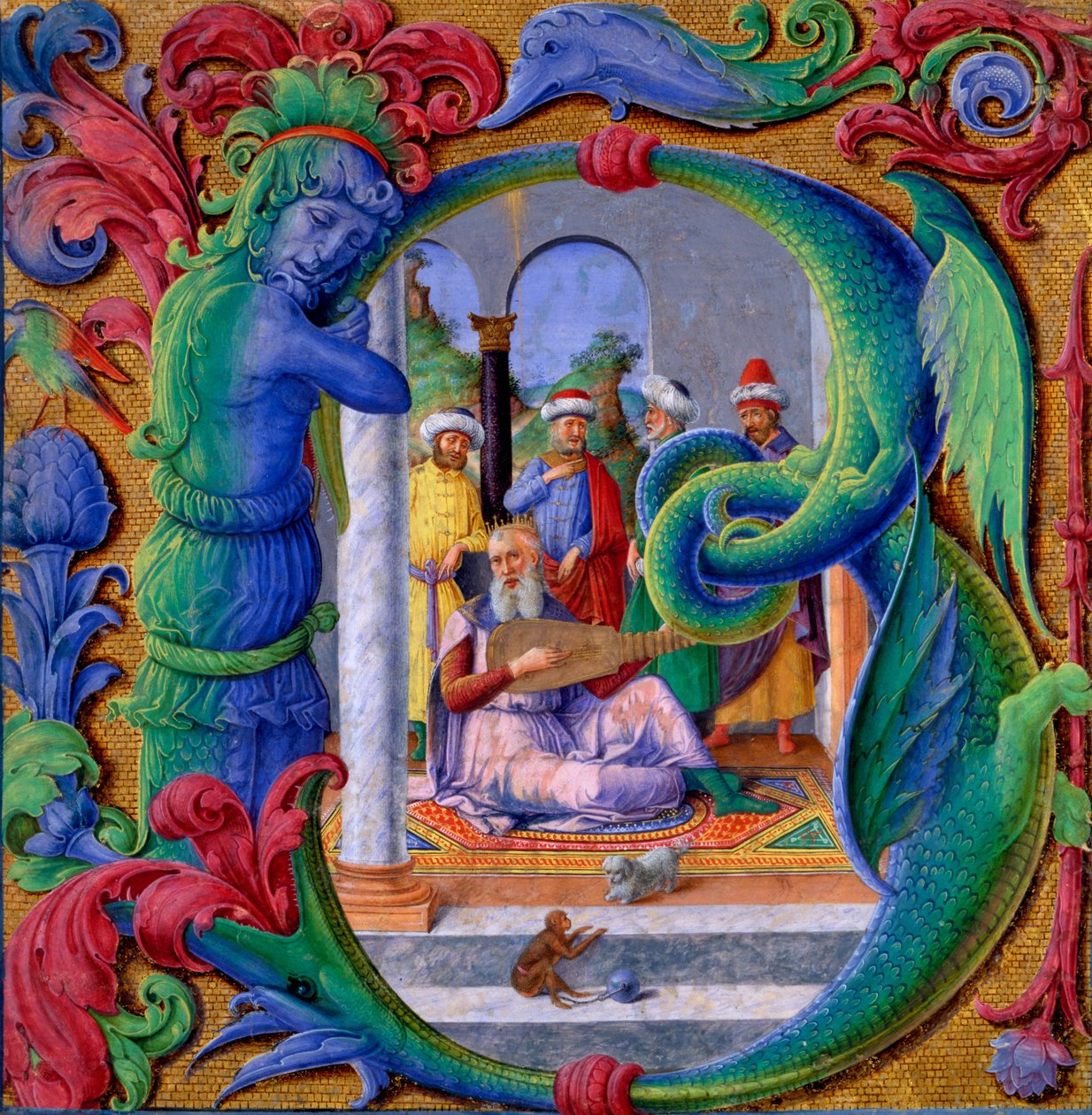 B inicial iluminado (tempera em pergaminho) de Italian School