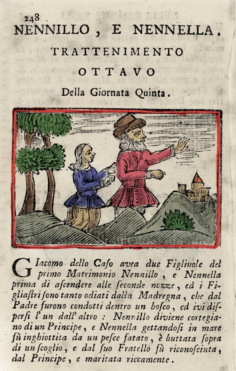Ilustração do conto de Giambattista Basile (1575-1632) "Poucet et Poucet (Nennillo e Nennella)" do livro "Pentamerone", dia v, conto 8. Edições de Nápoles 1754. de Italian School