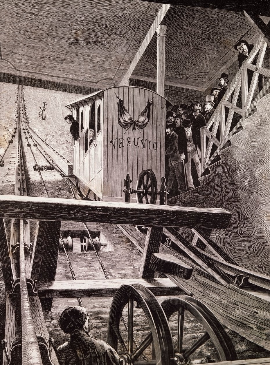 Inauguração do caminho-de-ferro funicular no Vesúvio, Nápoles de Italian School