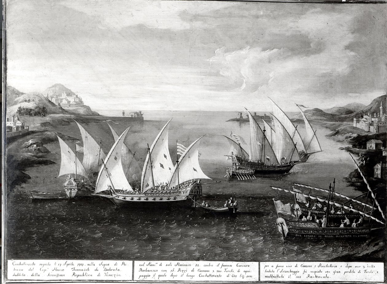 Incidente fora de Patras entre o capitão veneziano Ivanovich da Dabrota e o pirata turco Barbarossa, 17 de abril de 1751 de Italian School