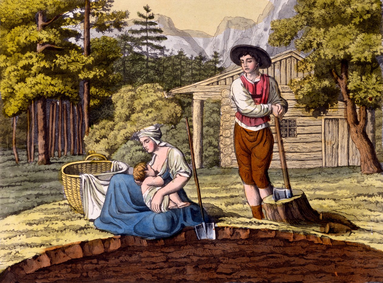 Habitantes dos Alpes austríacos fazendo uma herdade, de Costumi dei Romani, Svizzeri .. c.1800-18 de Italian School