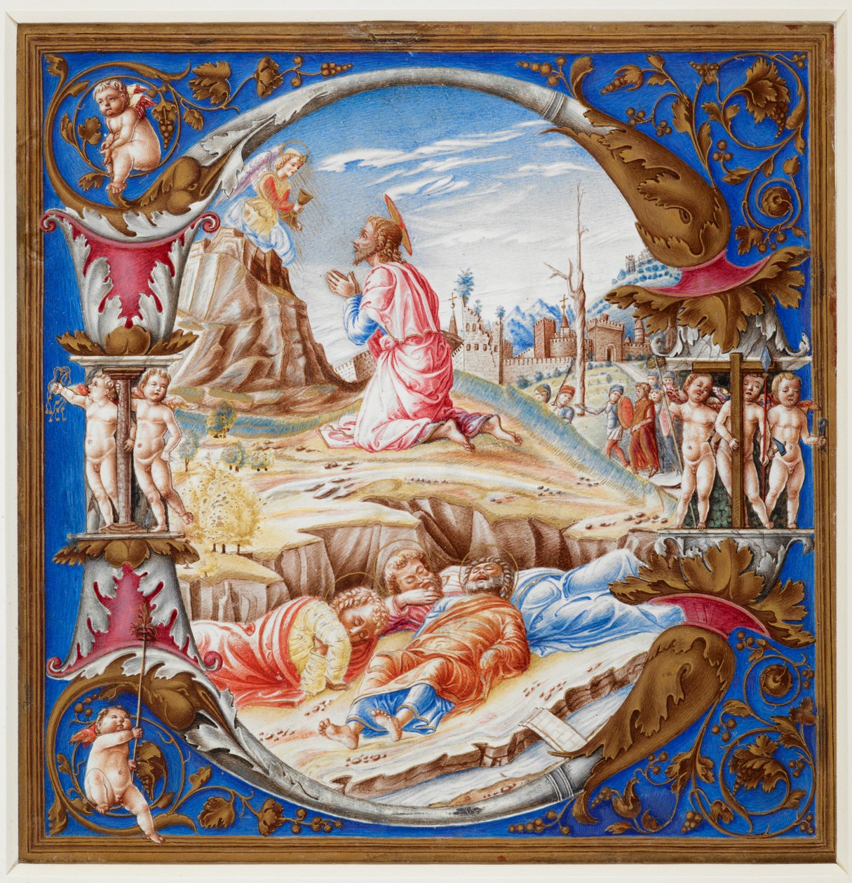 D inicial, mostrando a Agonia no Jardim, a partir de um livro do coro (Add. 74233 A), c.1500 (vellum) de Italian School