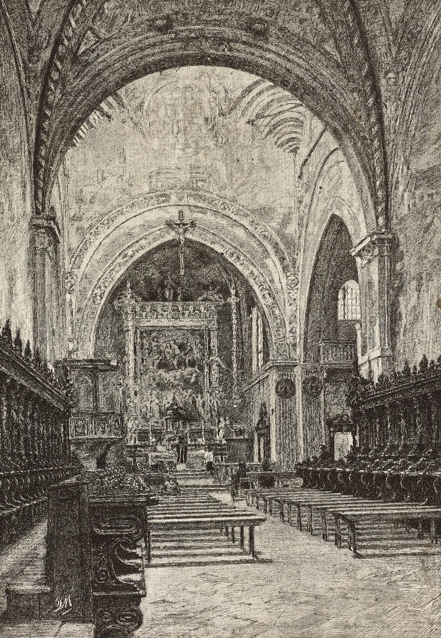 Interior da igreja de Chiaravalle, Itália, gravura de desenho de Quinto Michetti, de L