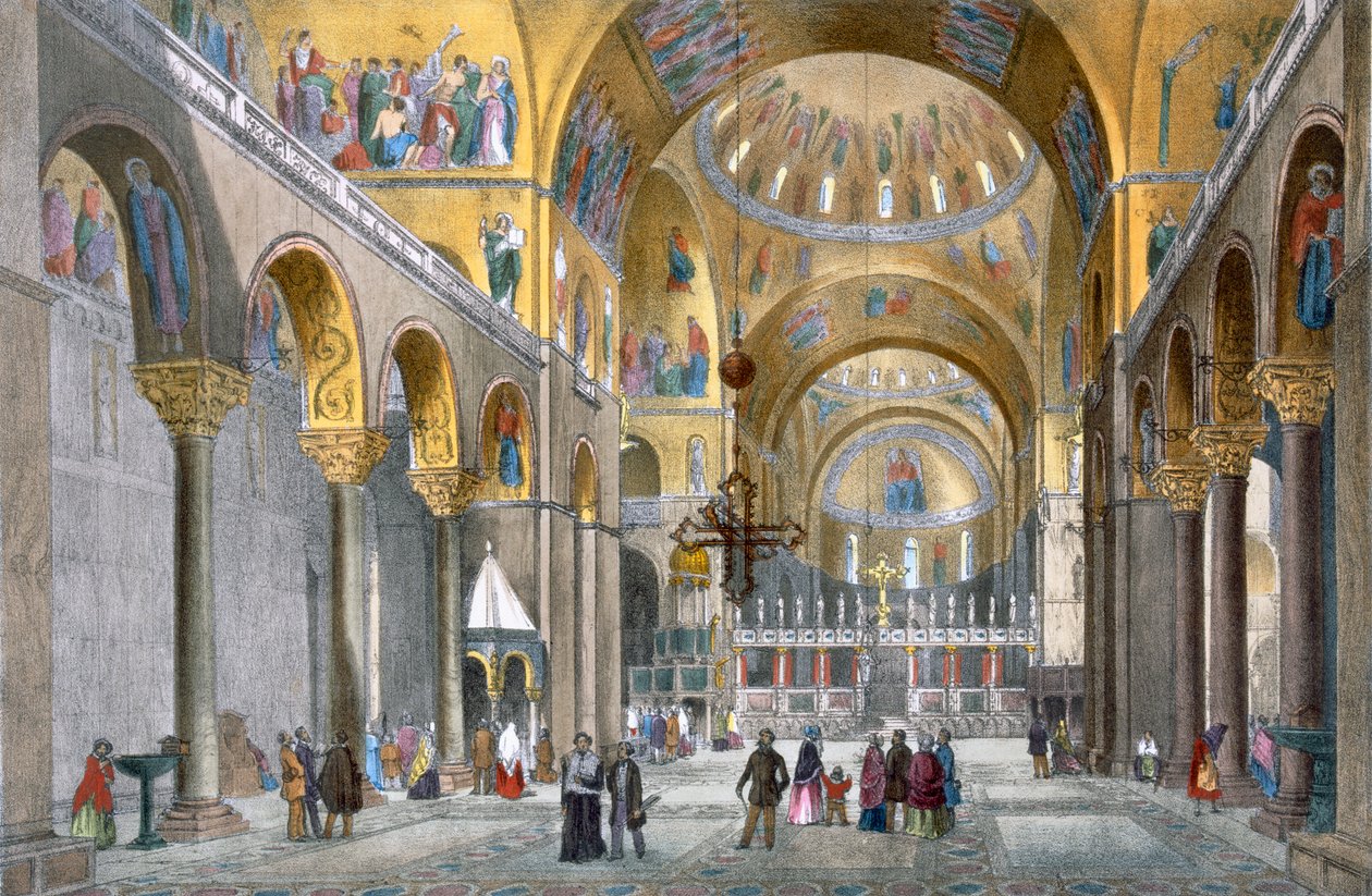 Interior da Basílica de San Marco, olhando para a cúpula, a partir de vistas de Veneza por Cecchini, Pividor e Viola, c.1850 (litho colorido à mão) de Italian School