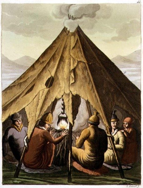 Interior de uma Laplander Hut com uma Família à volta do Fogo, placa 44 de "A História das Nações" (aquatint) de Italian School
