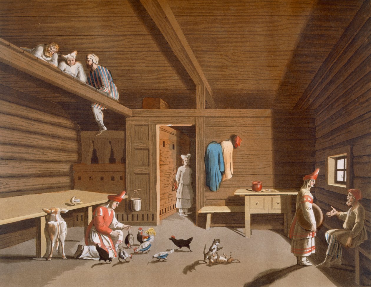 Interior de uma casa camponesa russa, c.1820s-30s de Italian School