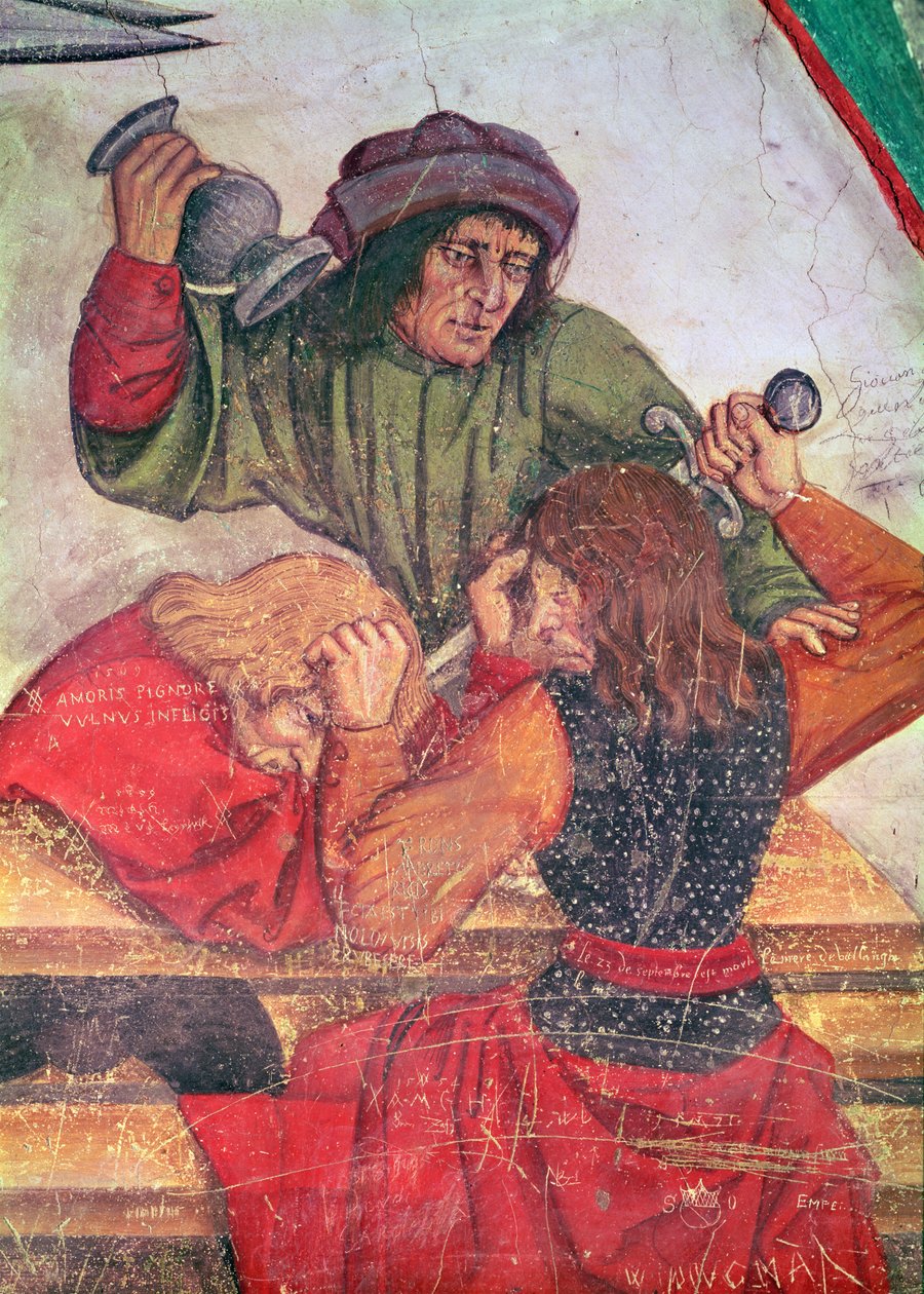 Interior de uma pousada, detalhe de bebedores lutando (fresco) de Italian School