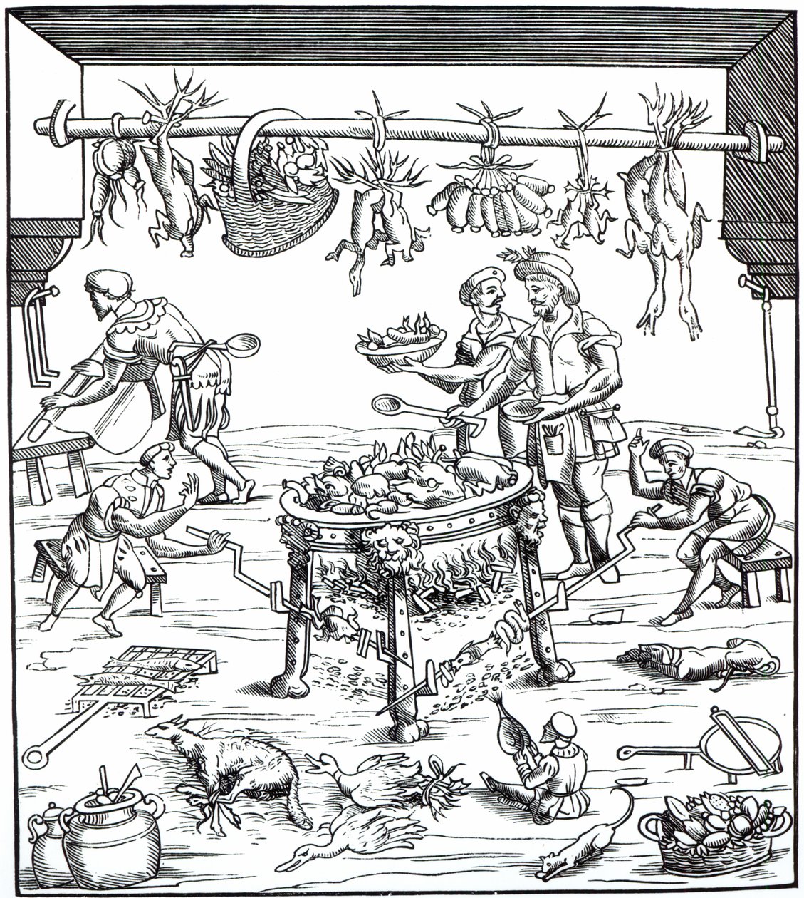 Interior de uma cozinha italiana, depois de xilogravura em composições Banchetti di Vivende por Christoforo di Messisburgo, publicado em 1549 de Italian School