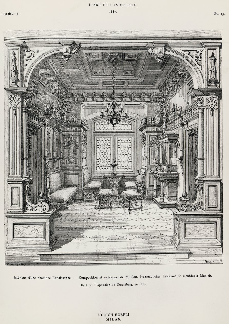 Interior do quarto estilo neo-renascentista de Possenbacher, Mónaco, ilustração de L