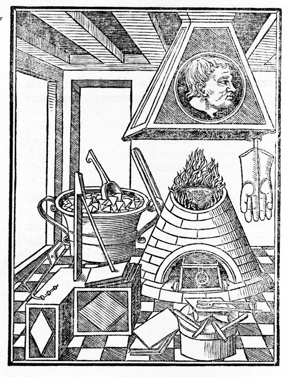 Vista interior de uma oficina de metalurgia Gravura de "Voarchadumia contra alchimiam ars distincta ab archimia et sophia..." de Giovanni Agostino Pantheo (1517-1535) de Italian School