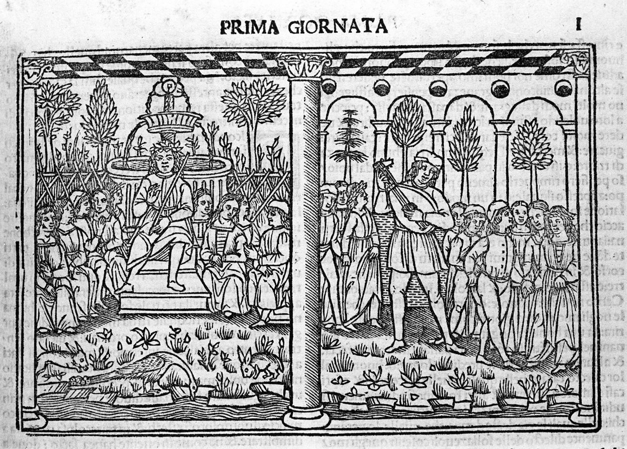 Introdução: a representação do autor de Decameron rodeia dez jovens. Ilustração do primeiro dia do Decameron (1349-1351) de Giovanni Boccaccio ou Jean Boccace (1313-1375), Gravação em "Decamerone ouer Cento nouelle" Veneza, Bartol de Italian School