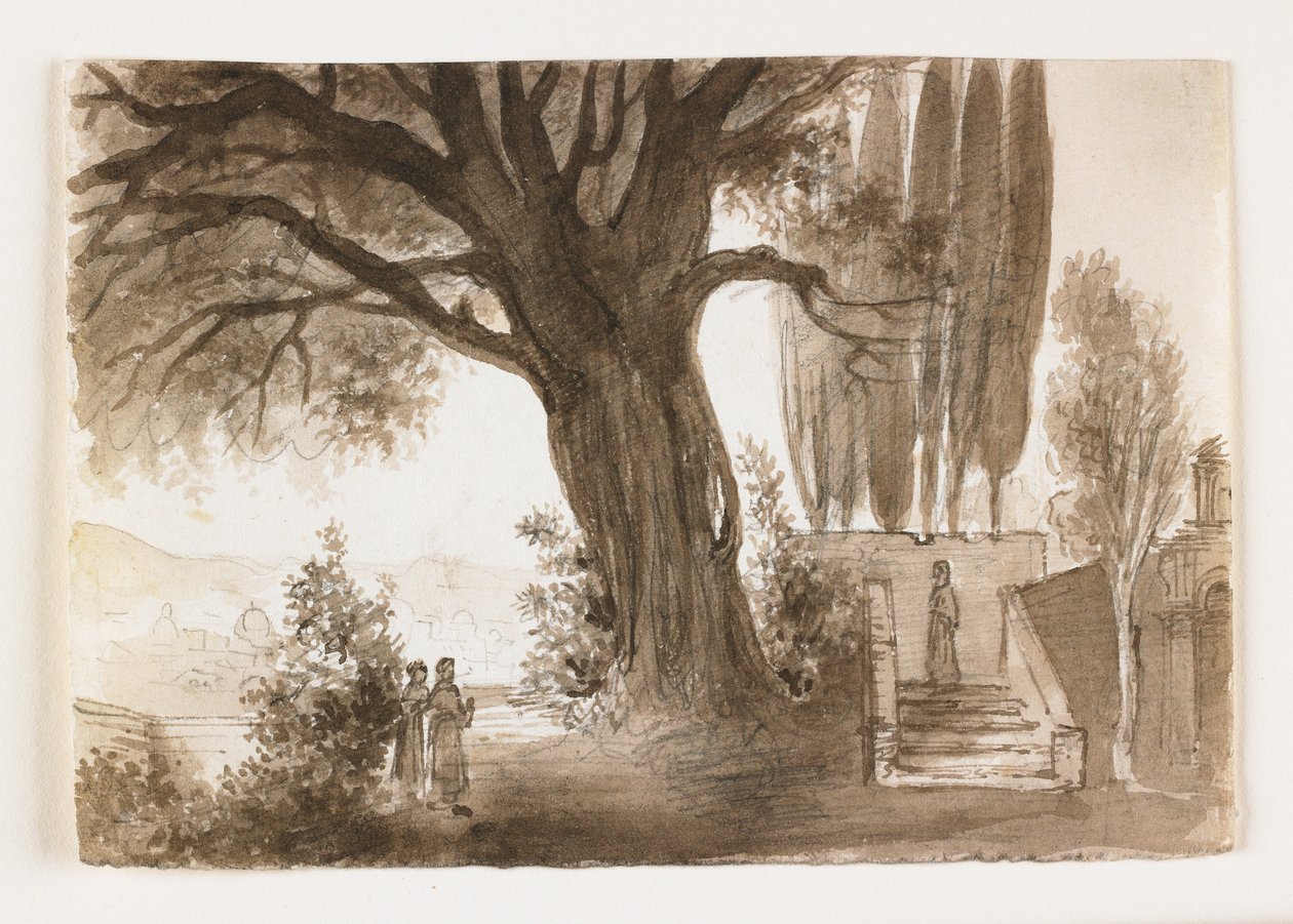 Paisagem Italiana com Carvalho, início do século XIX (caneta e tinta marrom e lavagem sobre giz) de Italian School