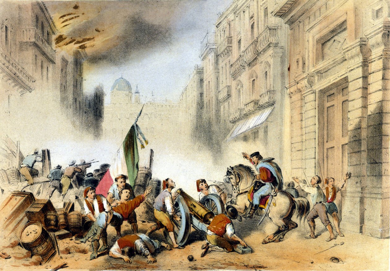 Unite italiano: em 26/05/1860, Giuseppe Garibaldi, à frente de suas Camisas Vermelhas, as Mil, entrou em Palermo na Sicília e deu um golpe decisivo no reino dos Bourbons de Nápoles. Gravura do século XIX de Italian School