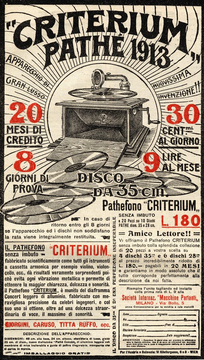 Anúncio italiano do gramofone Criterium da marca Pathé. de Italian School