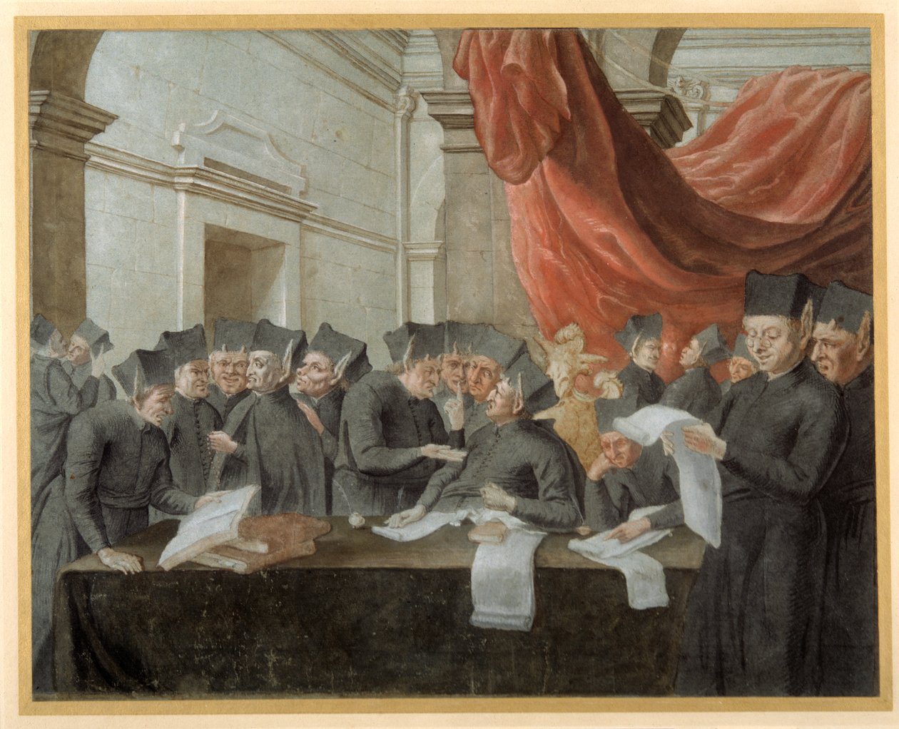 Jesuítas em conclave, discutindo sobre contas (caneta e tinta com aquarela sobre papel) de Italian School