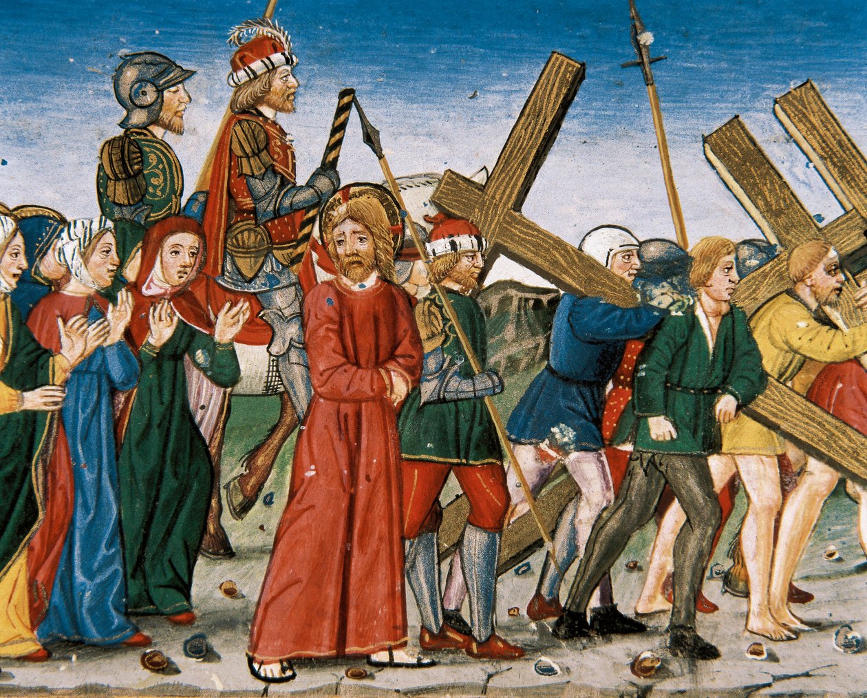 Jesus conduz ao Calvário e às Santas Mulheres no caminho. Manuscrito de Cristobal de Predis (1440-1486) de Italian School