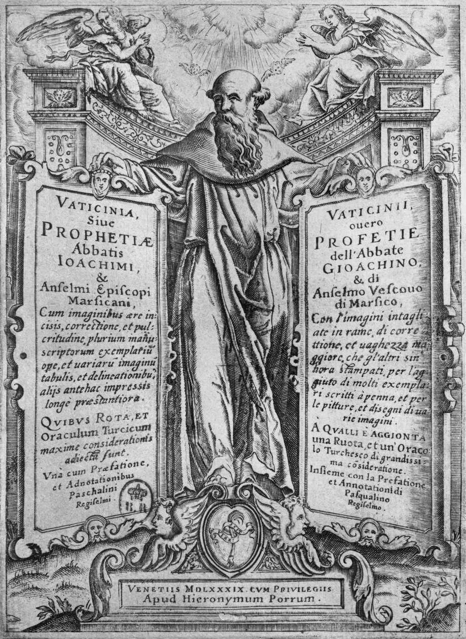 Joaquim de Flora, previsões&39; ilustração se profecias do abade Joachim, 1589 (gravura) (bw foto) de Italian School