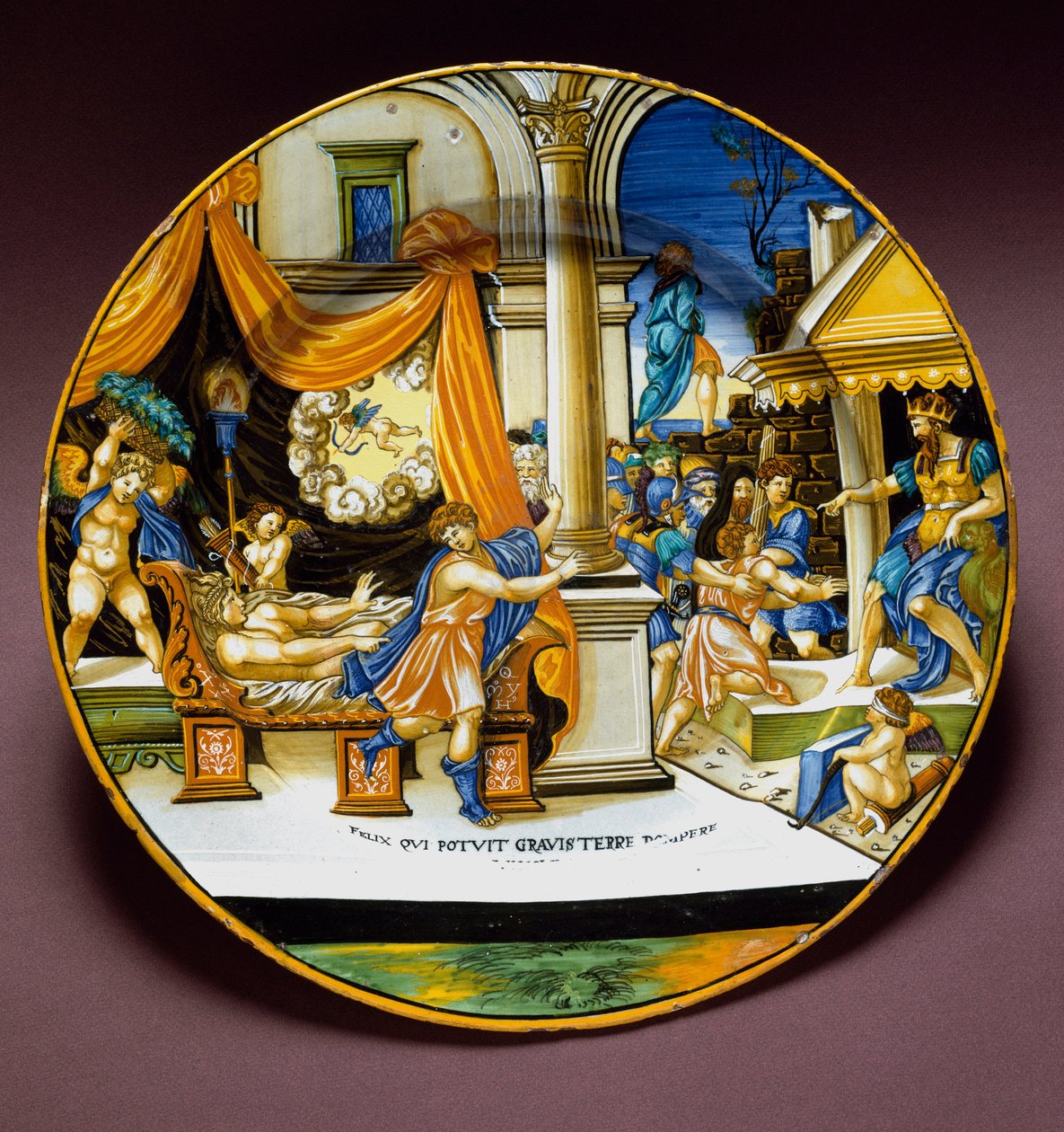 José e a esposa de Putiphar José fugindo da esposa de Putiphar (Potiphar) procurando seduzi-lo. Placa de cerâmica produzida em Urbino, Itália. 1537 ao redor de Florença, Museo Nazionale del Bargello de Italian School