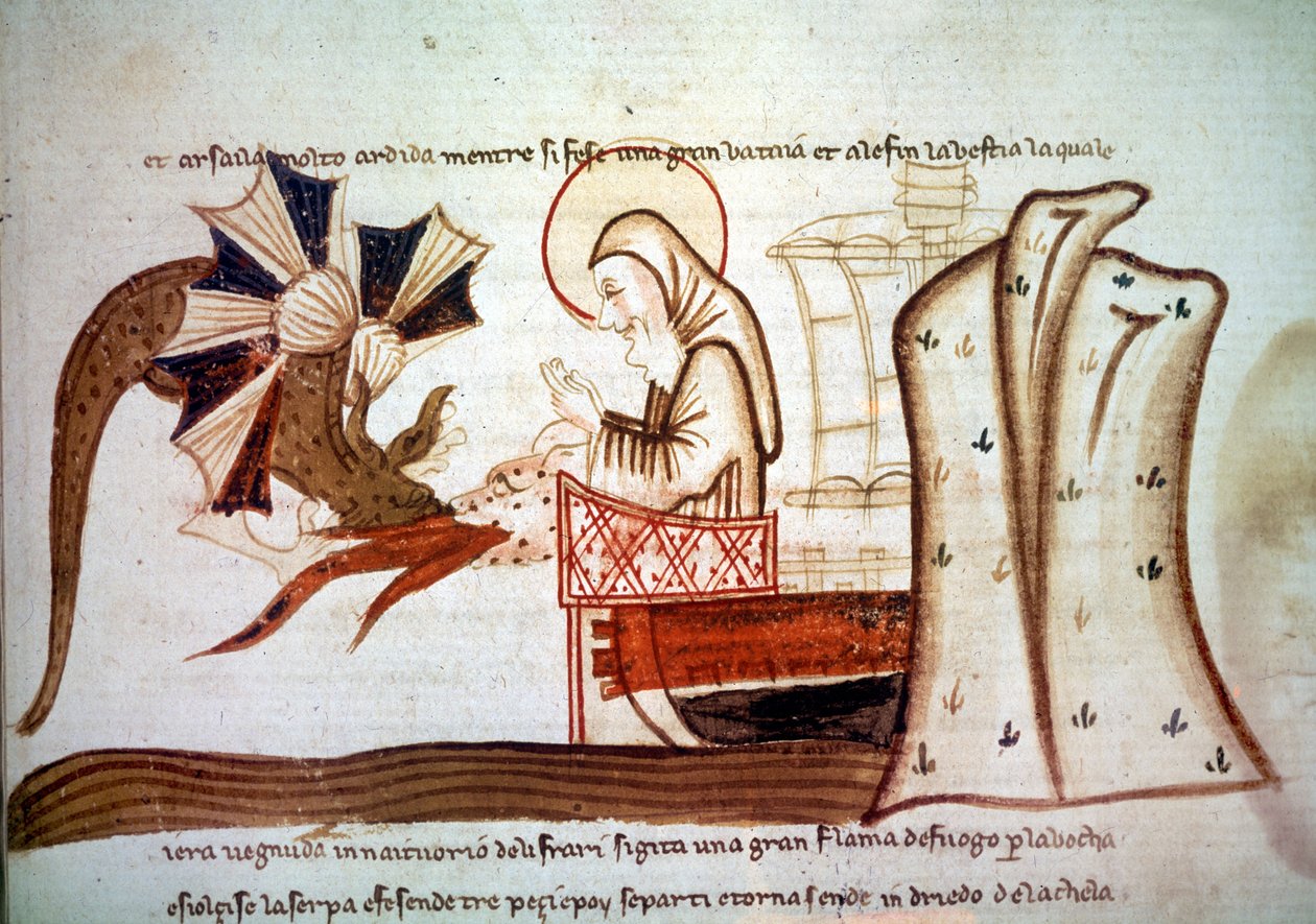 Viagem de Saint Brandan - Encontro de Saint Brendan (Brandan), monge navegador do século VI com um monstro marinho voador. manuscrito Veneza, 2ª metade do século XIV Paris, BNF, Manuscritos, italiano 1708, f. 16 de Italian School