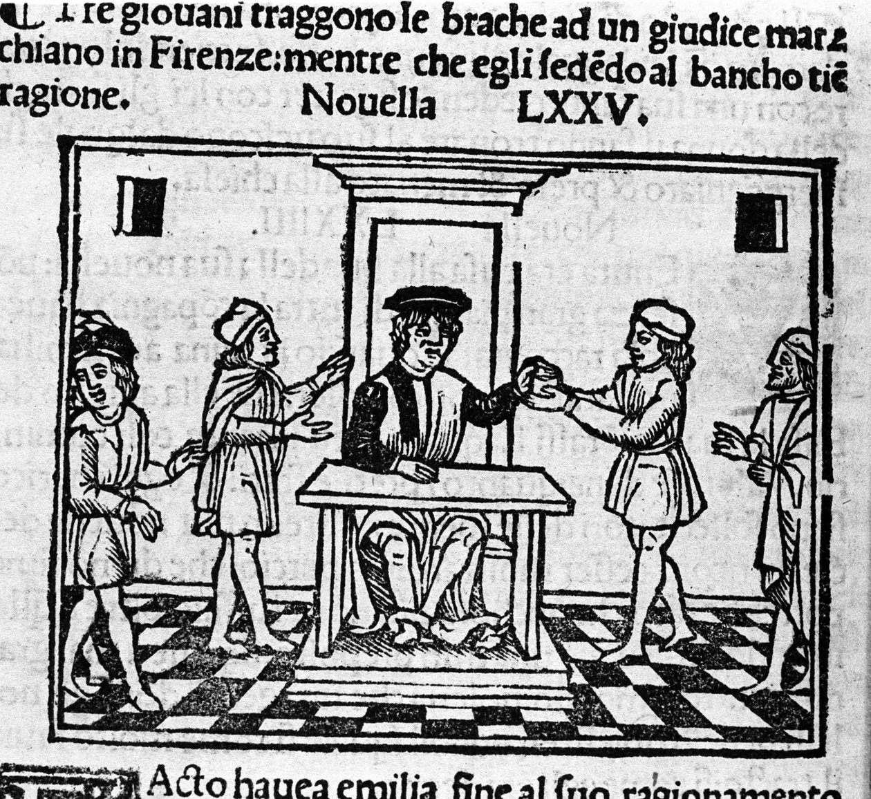 Cena de julgamento em Florença. Ilustração para a notícia 75 (Nova 5 do oitavo dia) do "Decameron" de Giovanni Boccaccio dit Jean Boccaccio (1313-1375), escritor italiano. Gravura em "Decamerone ouer Cento nouelle" Veneza, Bartolomeo de 