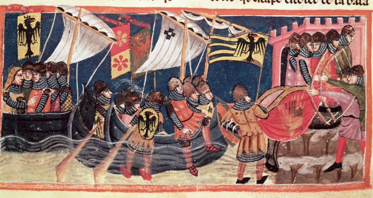 Júlio César (100-44 aC) aterragem em Inglaterra, de Le Vite di Dodici Cesari por Suetônio (c.75-150) de Italian School