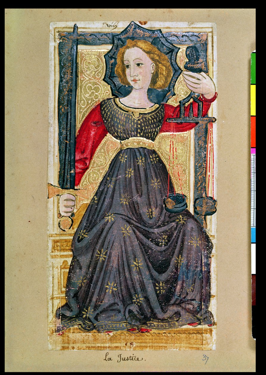 Justiça, carta de tarot do baralho "Charles VI" ou "Gringonneur" (carta pintada à mão) de Italian School