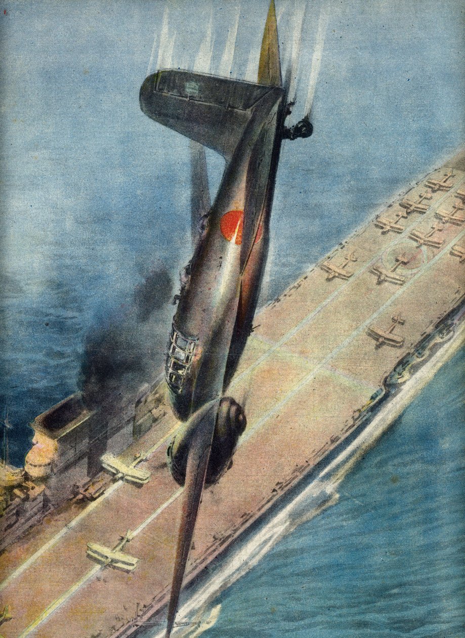 O aviador kamikaze Abe a atacar um porta-aviões britânico, ilustração de "La Domenica del Corriere", 5 de novembro de 1944 (impressão) de Italian School