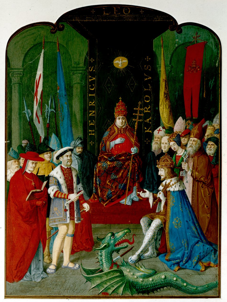Rei Henrique VIII em disputa com o Imperador Carlos V perante o Papa Leão X. Henrique detém um rolo, que pode ser o touro de 1521 concedendo-lhe o título de "Defensor da Fé" (tinta e aguarela sobre papel) de Italian School
