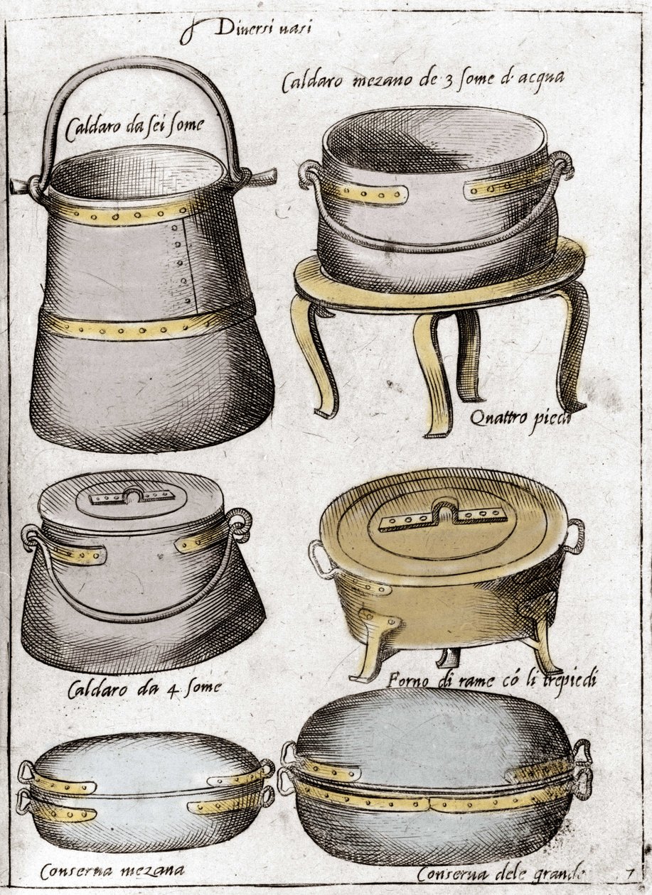 Utensílios de cozinha: Placa representando diferentes tipos de vasos, panelas, caldeirões. Gravura de "Ópera", livro sobre gastronomia dividido em 6 partes, de Bartolomeo Scappi, cozinheiro pessoal do Papa Pio V. Veneza. de Italian School