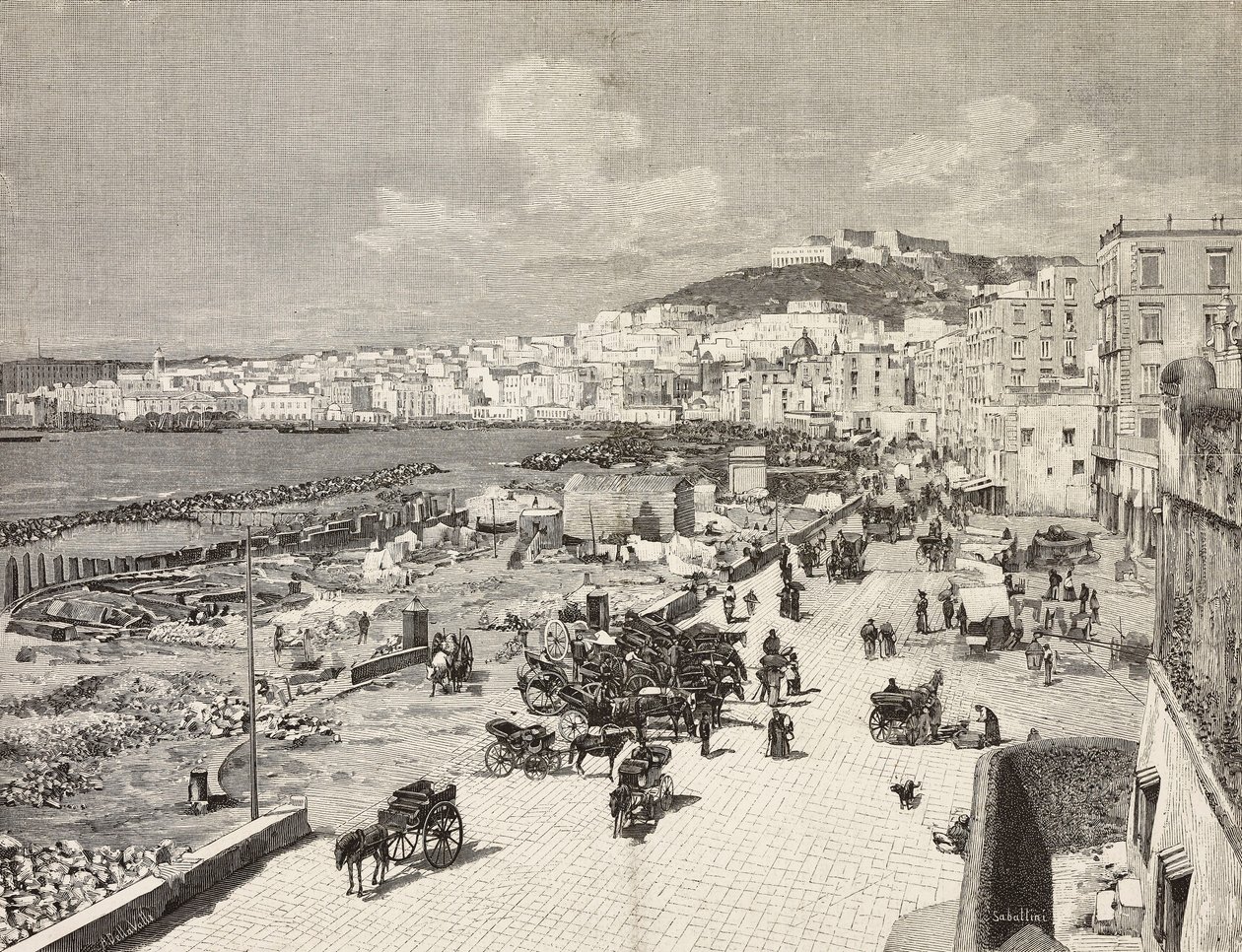La Marinella, Nápoles, Itália, gravura de Sabattini a partir de desenho de A Della Valle, de L