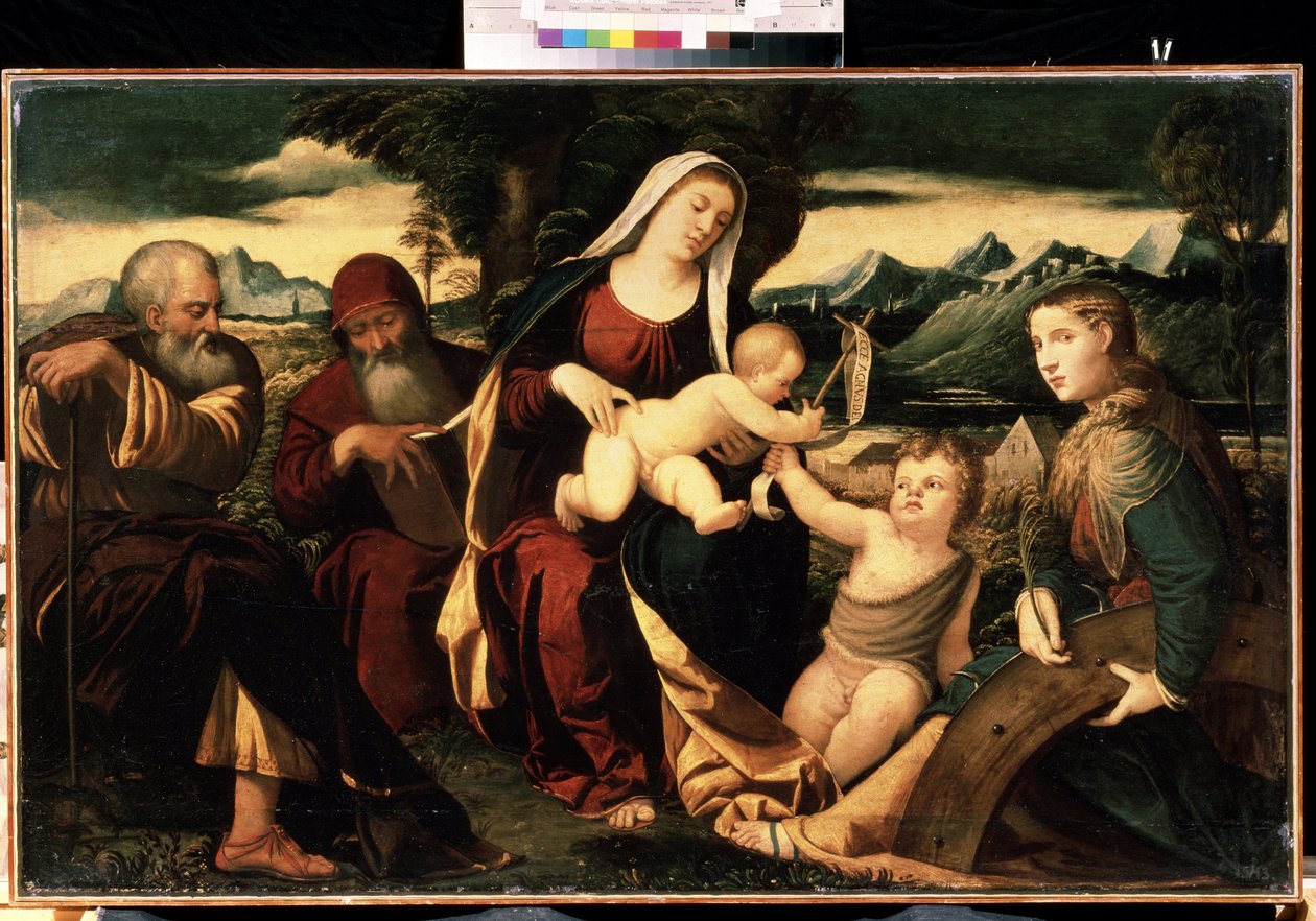 ""A Sagrada Família com São João Batista"" (A Sagrada Família com João Batista) Com eles estão representados Santa Catarina de Alexandria e São Jerônimo. Pintura da escola italiana do final do século XVI. Museu de Arte Mikhail Kroshitsky, Sevastop de Italian School