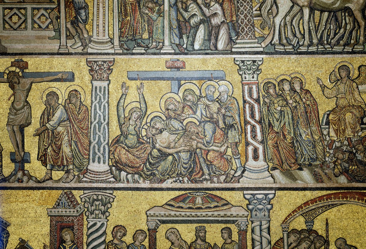 Lamentação sobre o Cristo Morto da quinta zona da escola cúpula, florentina ou veneziana (mosaico) de Italian School