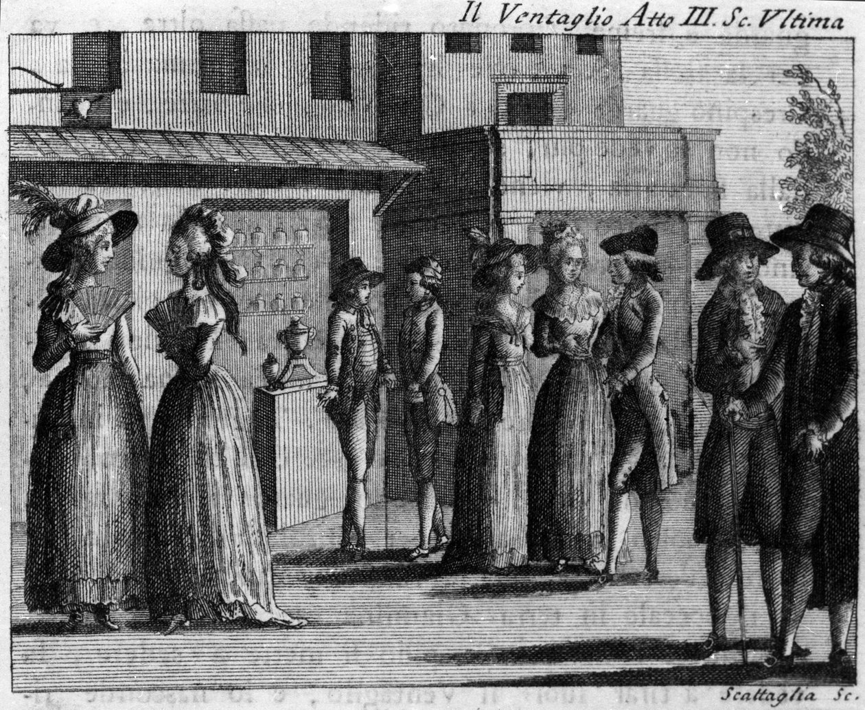 Última cena do Acto III da peça cómica "Il ventaglio" (The eventel) (1764) de Carlo Goldoni (1707-1793). Gravura do século XVIII de Italian School