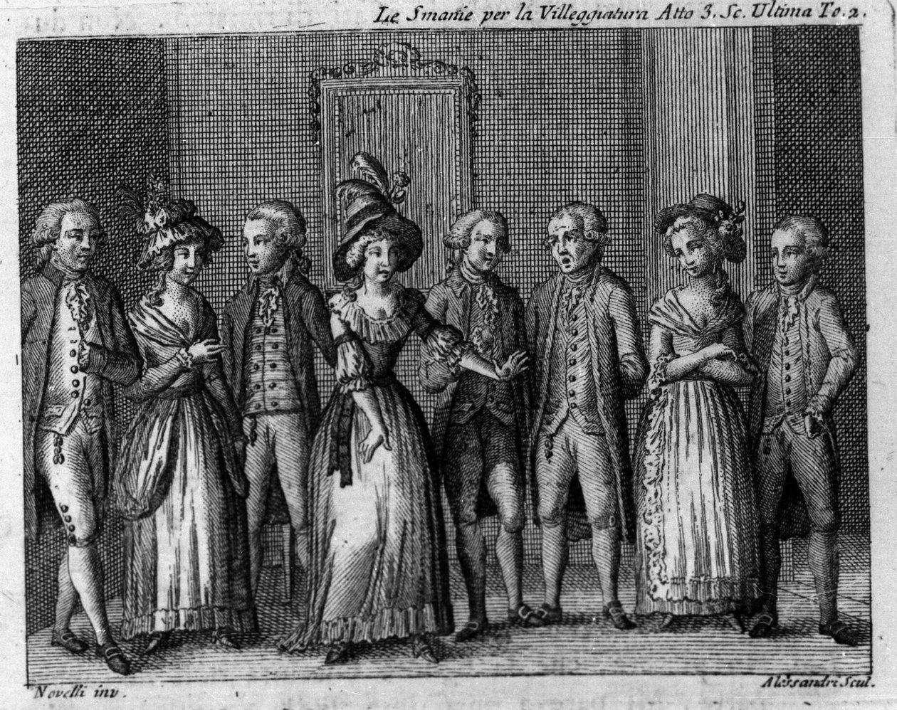 Última cena do Acto III da peça cómica "Le smania per la villeggiatura" (A cidade) (1761) de Carlo Goldoni (1707-1793). Gravura do século XVIII de Italian School
