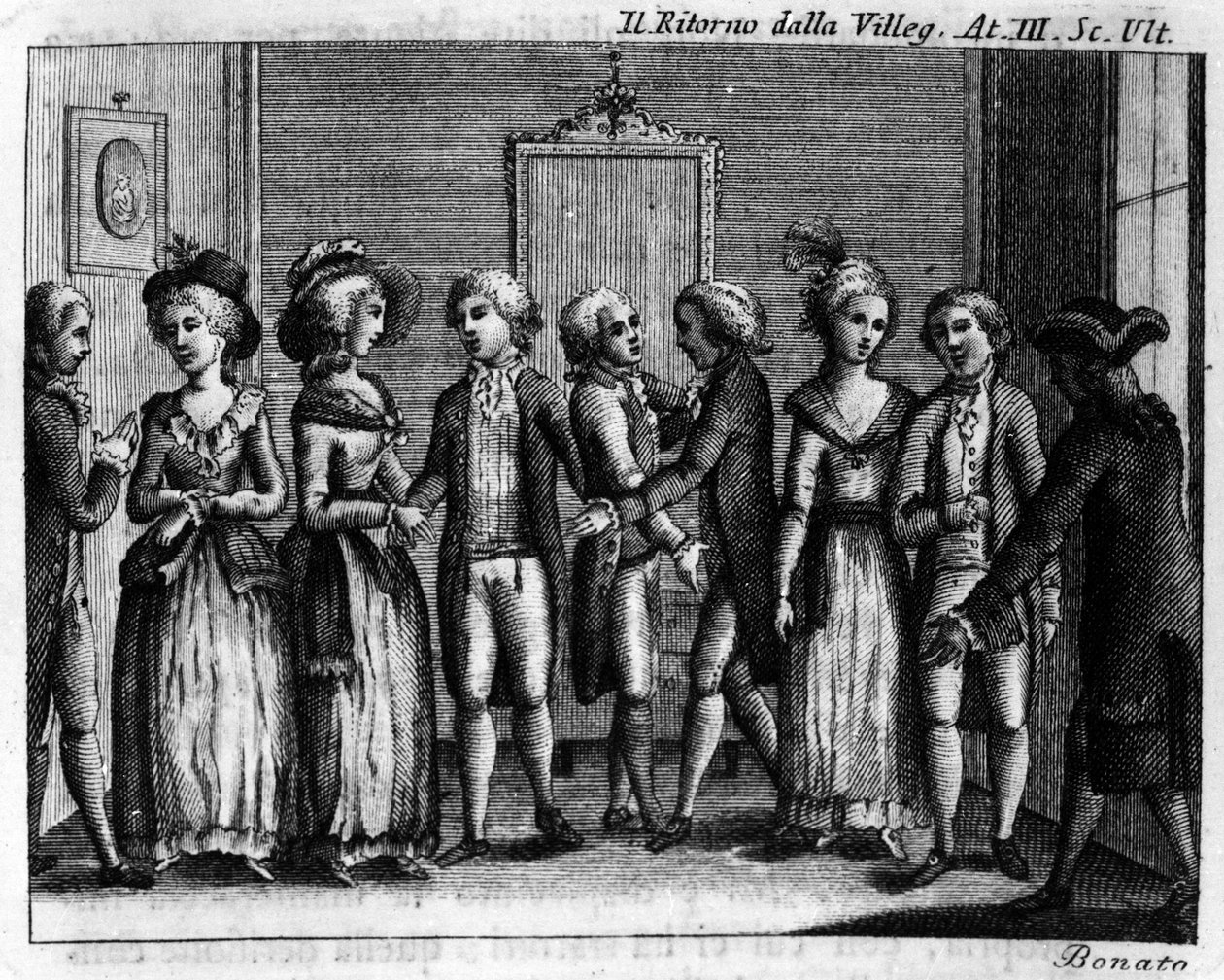 Última cena do Acto III da peça cómica "Ritorno della villeggiatura" (Regresso da Cidade) (1761) de Carlo Goldoni (1707-1793). Gravura do século XVIII. de Italian School