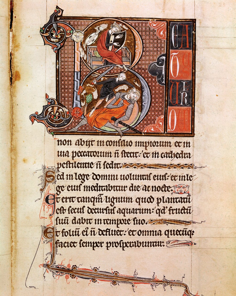 Lettrine B decorou a representação do Rei David tocando pslaterion e que decola Goliath Page do manuscrito "Psalterium Cum Calendario" Século XIII Pádua, biblioteca do seminário de Italian School
