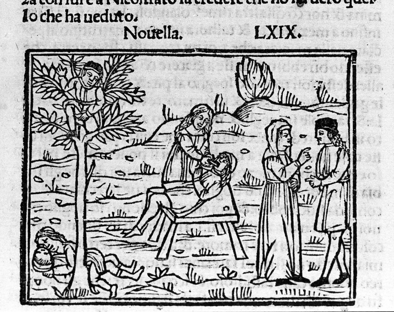Lidia, uma esposa adúltera, é surpreendida pelo seu marido nos braços de Pirro. Ilustração para a notícia 69 (Nova 9 do sétimo dia) do "Decameron" de Giovanni Boccaccio dit Jean Boccaccio (1313-1375), escritor italiano. Gravação em "Decamerone ouer Cento n de Italian School