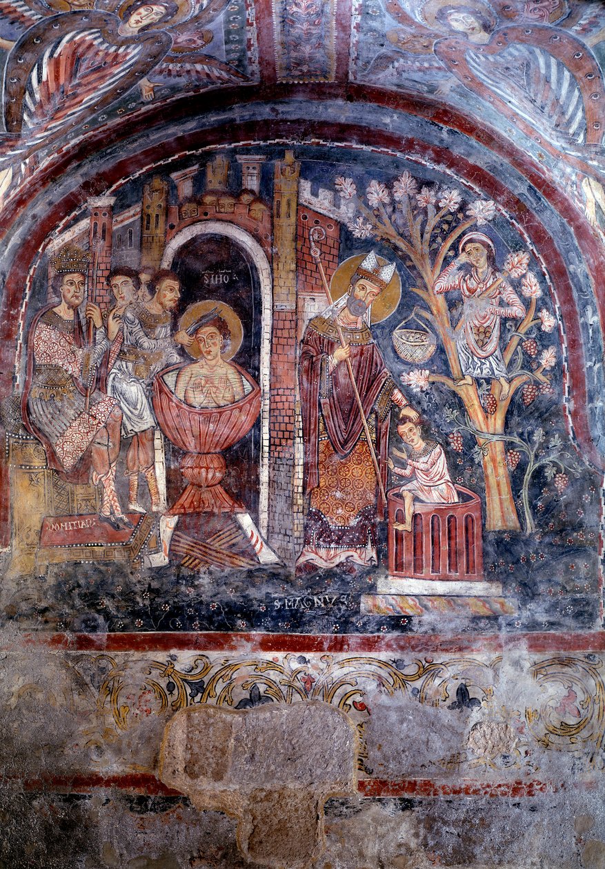 Vida e milagre de São Magno de Anagni e martírio de São João em óleo fervente - fresco de Italian School