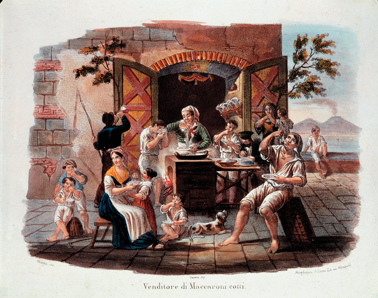 O pequeno metier napolitano: um vendedor de maccheroni cozido. Ao longe a vesuve na baía de Nápoles. Litografia do século XIX. Museo Nazionale delle Paste Alimentari, Fondazione Agnesi, Roma. de Italian School