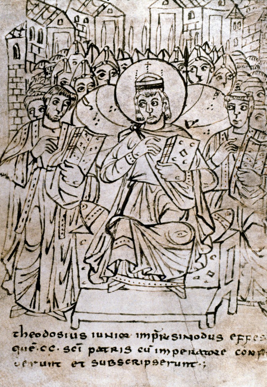 Arte Lombard: "Imperador Teodósio II (401-450), neto de Teodósio I, no Concílio de Éfeso em 22/06/431, condenando o nestorianismo (do Patriarca Nestório ou Nestorios)" Desenho com caneta em pergaminho, extraído de um tratado de direitos canônicos. 9t de Italian School