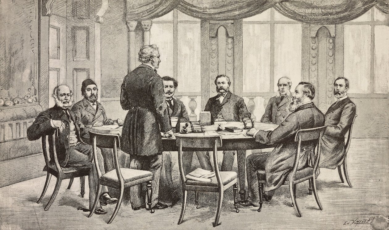 Conferência de Londres sobre o Egipto, Reino Unido: Conde Munster, Musurus Pasha, Granville (em pé), Conde Nigra, Waddington, De Staal, Childers, Conde Karolyi, gravura de desenho de Edoardo Ximenes, de L