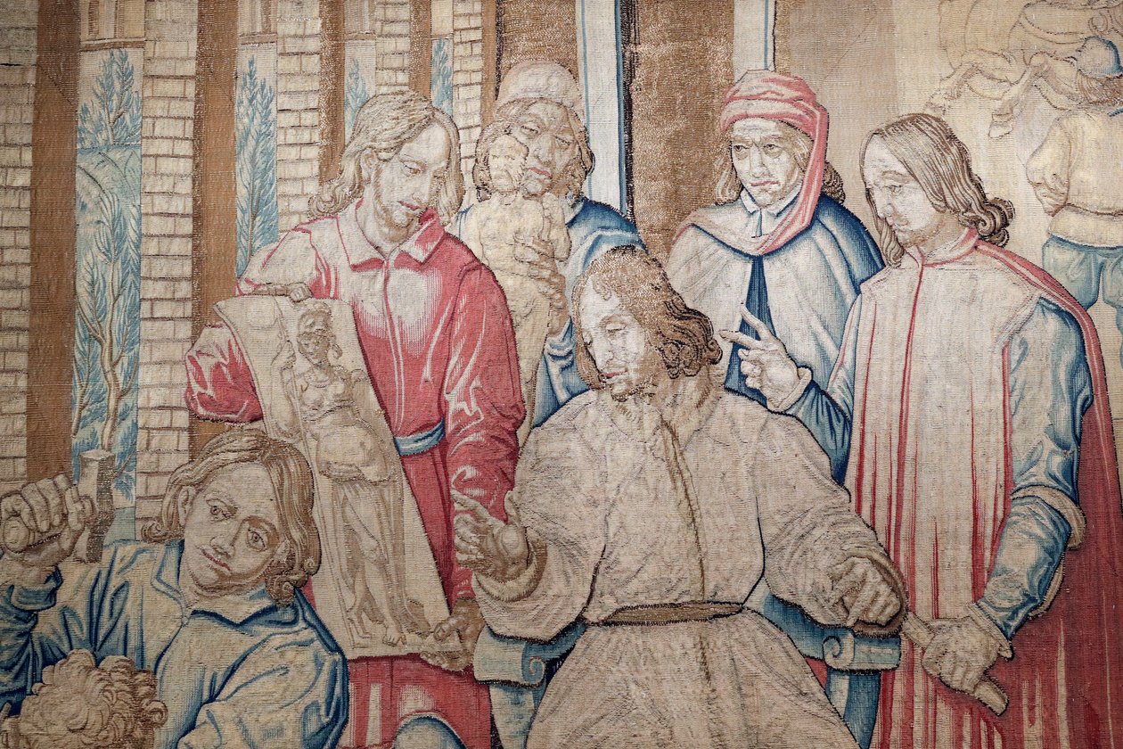 Lorenzo, o Magnífico, entre os escultores e os pintores do Jardim Medici de San Marco. Tapeçaria 1516. Génova. Itália. de Italian School