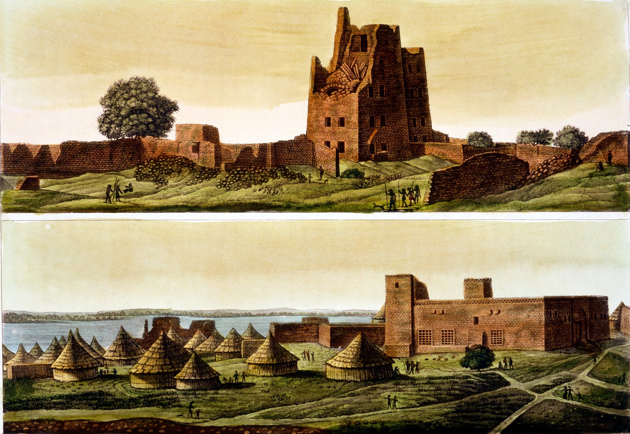 Baixo Egito ou Sudão, o Rio Nilo: Abaixo, Aldeia de El-Querebyn, 1820s-30s de Italian School