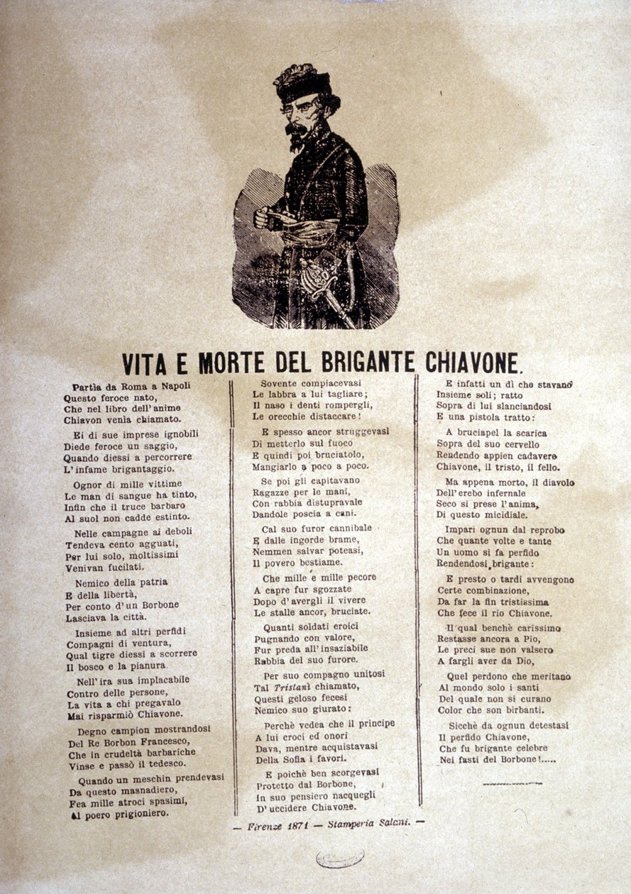 Letra de uma canção popular sobre os ladrões de Chiavone de Italian School