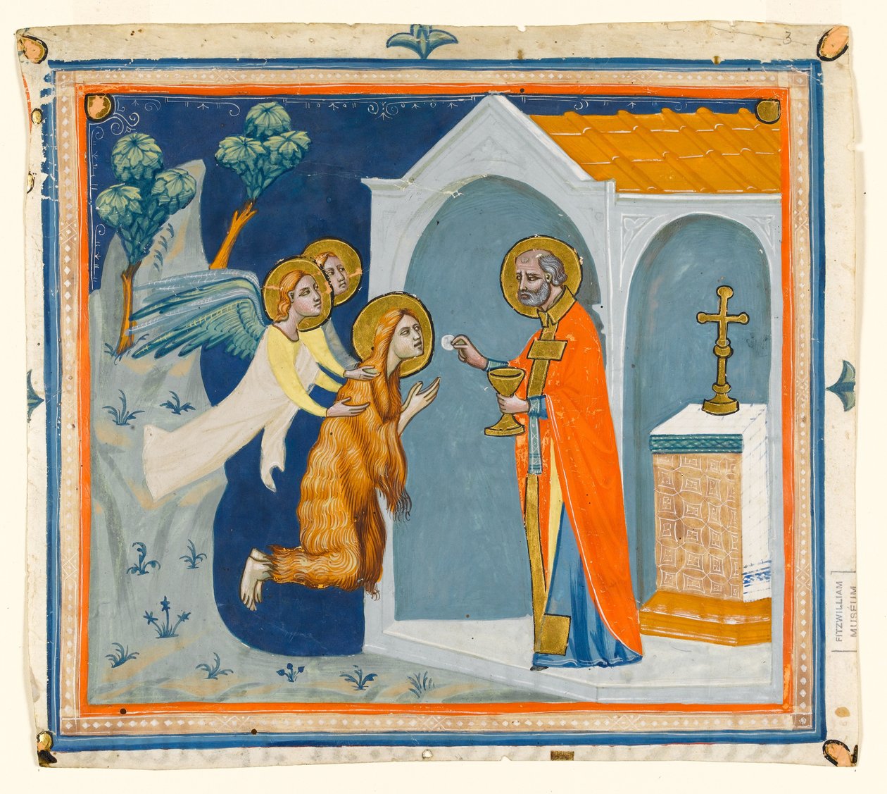 MS McClean fólio 201.4 r Santa Maria Madalena, no deserto ao redor de Aix, sendo levada por anjos a São Maximino, que administra sua última comunhão, c.1330 de Italian School