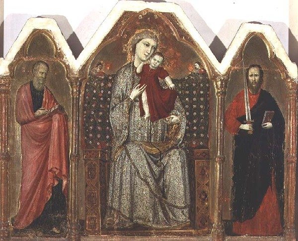 Madonna e Child Enthroned, com as SS. João Evangelista e Paulo, Escola Riminese (painel do tríptico) de Italian School
