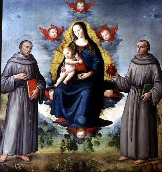 Madonna e Child, flanqueadas por SS Francis de Assis e Anthony de Pádua (tempera no painel) de Italian School