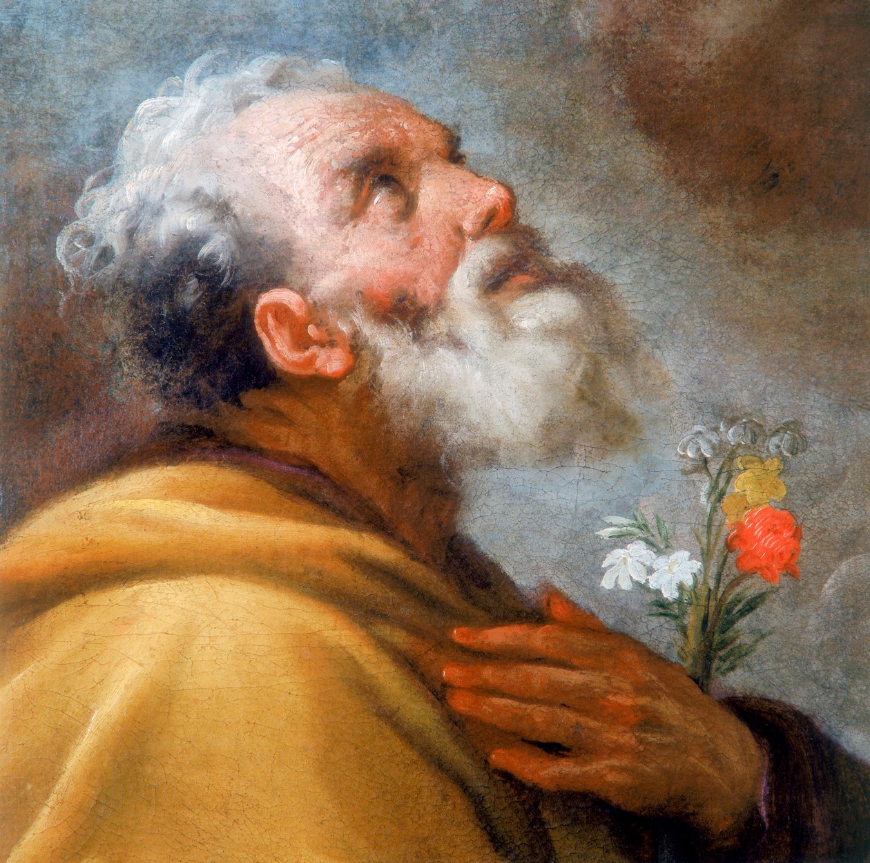 Madonna e criança com os Santos José e Gregório Magno e as almas do Pergercado, detalhe do rosto de São José de Italian School